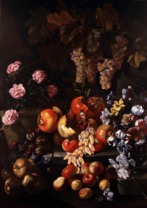 Luca Forte, Natura morta di melagrane, uva, fichi, mele e fiori, 1647 ca., Napoli, Museo di Capodimonte