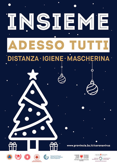 Cartolina natalizia - INSIEME ADESSO TUTTI DISTANZA - IGIENE - MASCHERINA www.provincia.bz.it/coronavirus